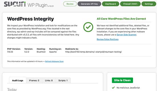 Sucurri wordpress dashboard