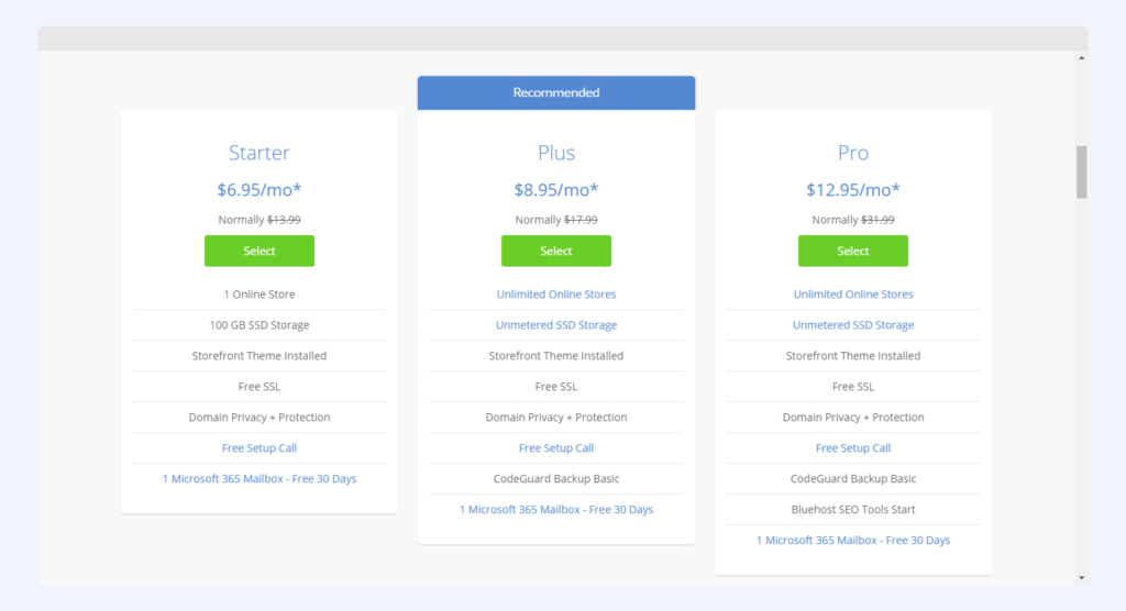 Bluehost pricing plans