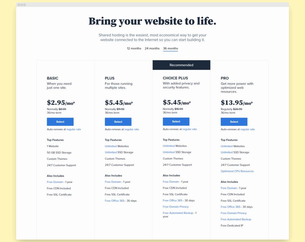 Bluehost shared pricing
