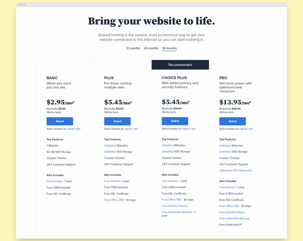 Bluehost shared pricing