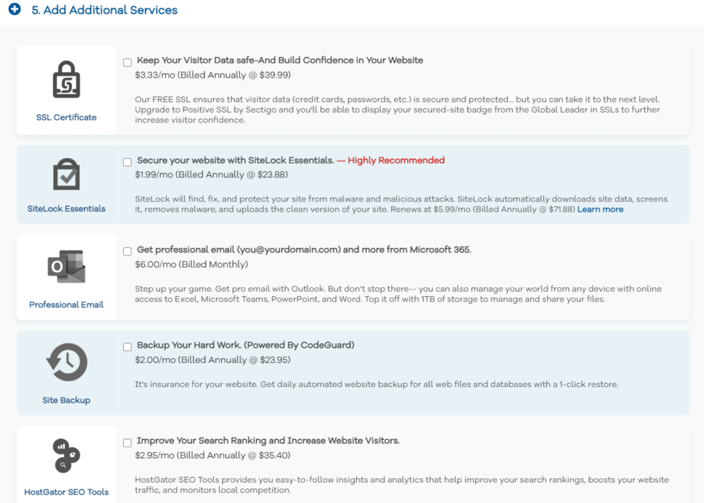 Hostgator additional services 2