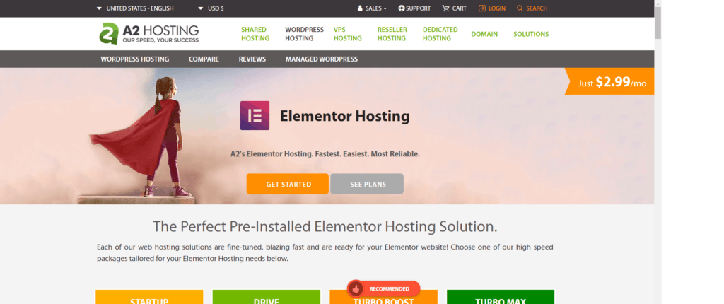 Elementor web hosting plan a2 hosting 