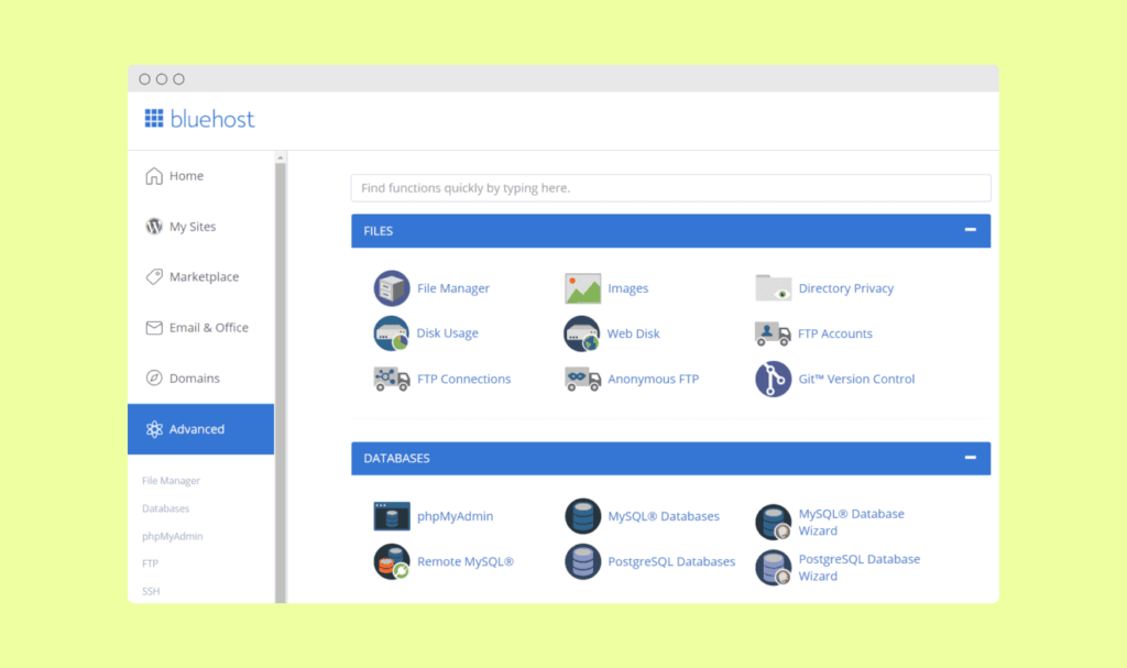 Bluehost dashboard 