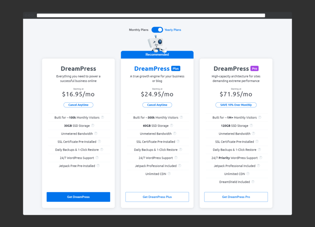 dream press managed wordpress hosting plans pricing