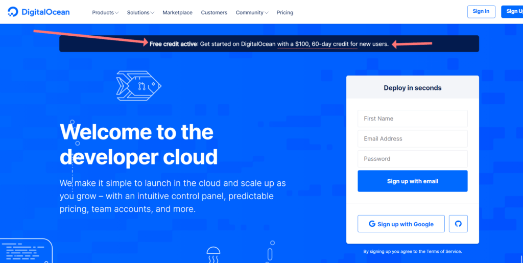 digital ocean free credits landing page