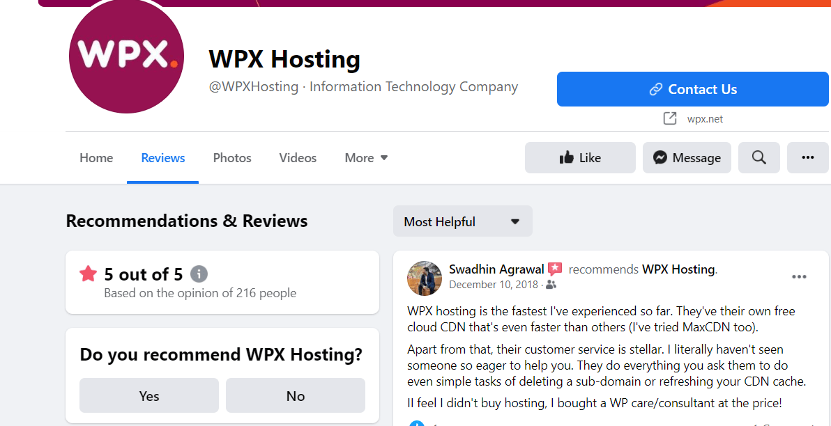 WPX hosting fb customer review