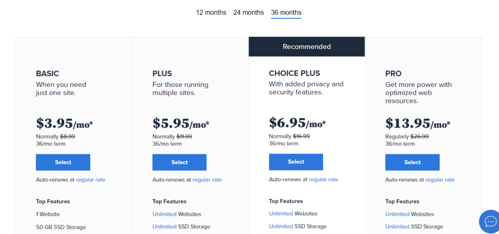 bluehost shared pricing plans