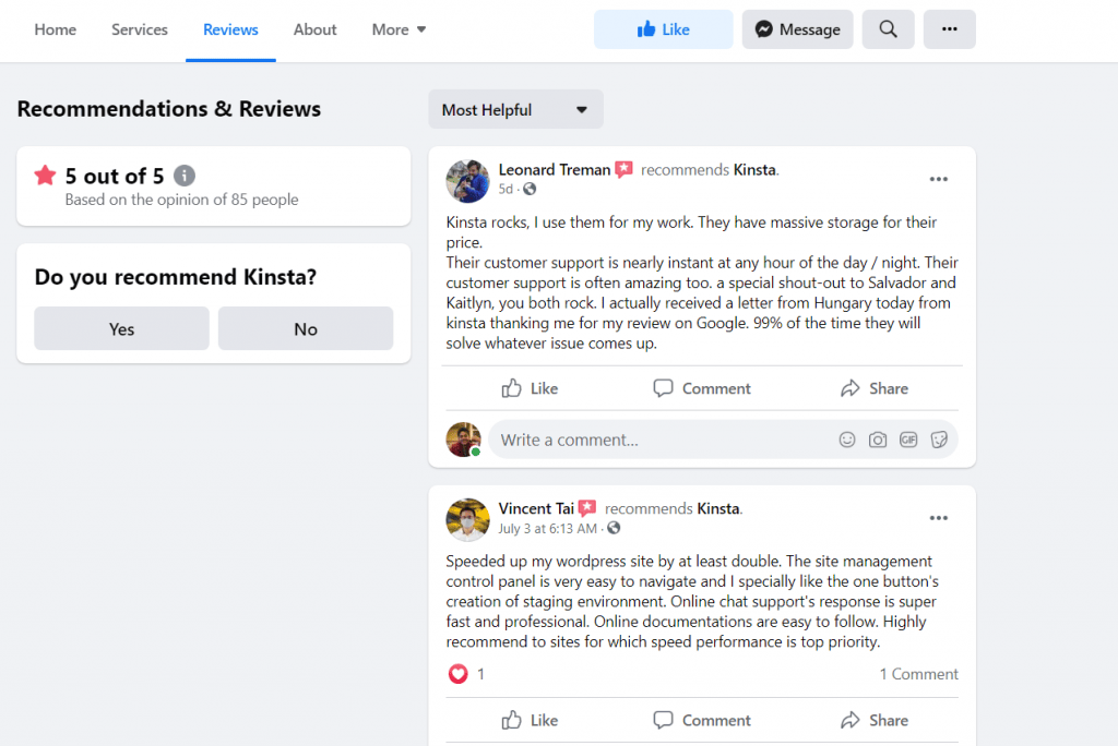 Kinsta Hosting Facebook Review