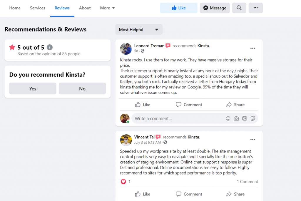 Kinsta Hosting Facebook Review 