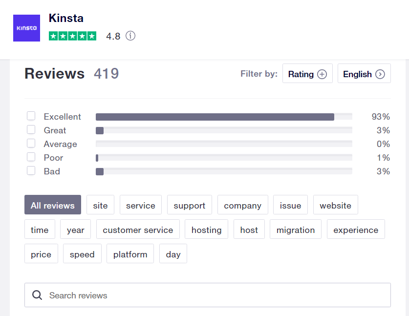 Kinsta TrustPilot hosting review 