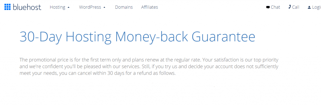 bluehost money back promise