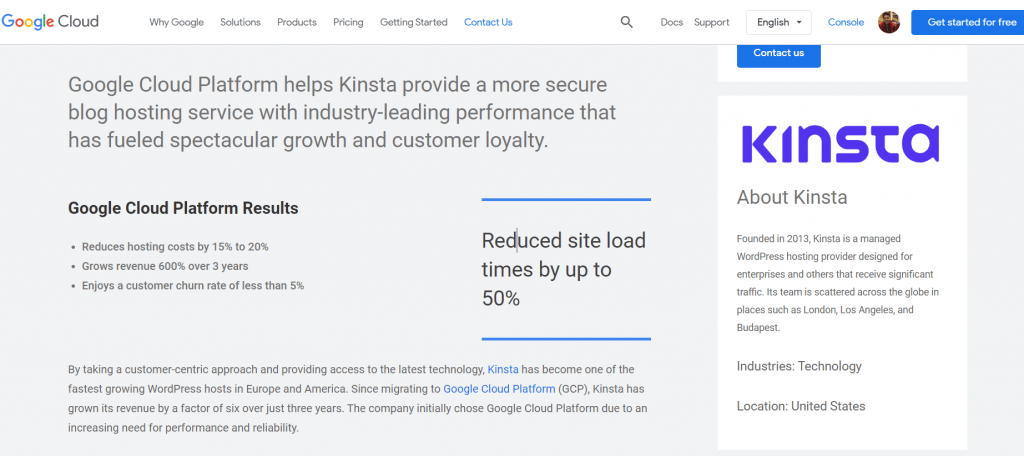 google cloud server and kinsta 
