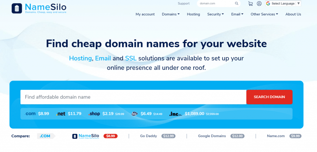 namesilo domain page 