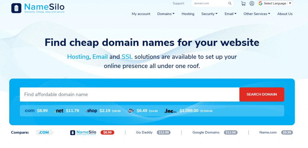 namesilo domain page