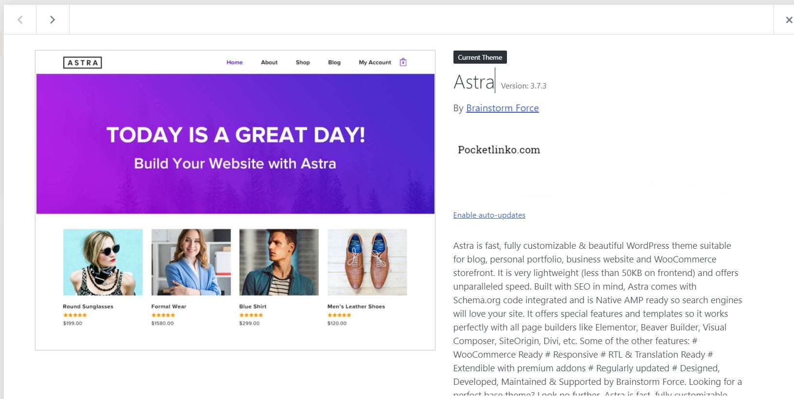 astra theme on wordpress live site