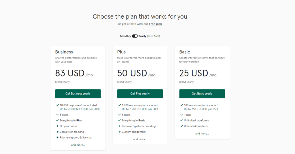 TypeForm Pricing