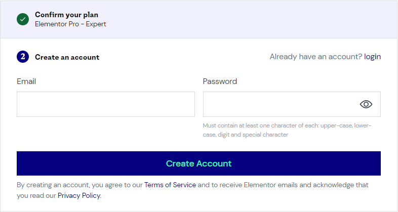 Elementor create account