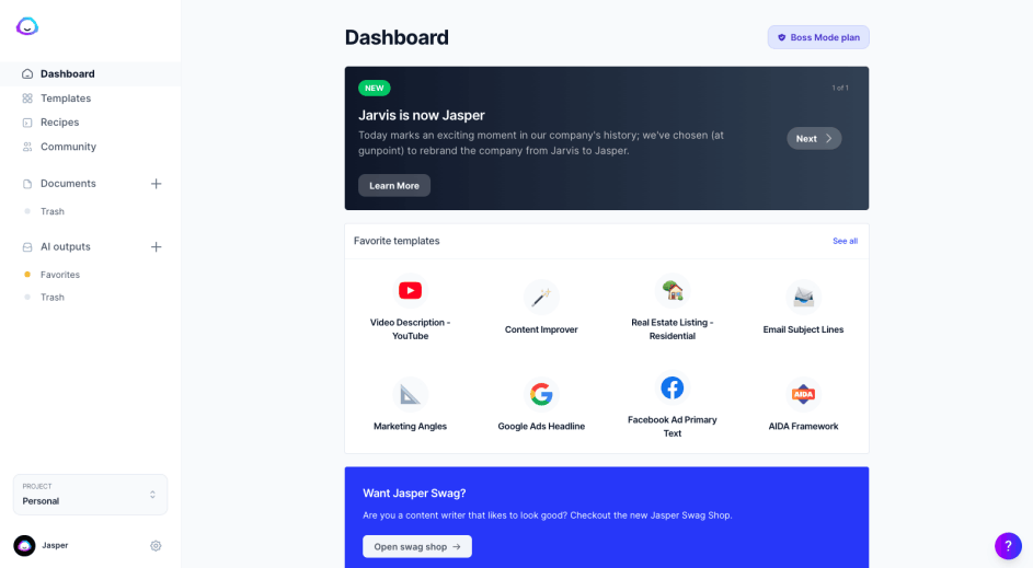 Jasper AI Pricing Plans And Review (March 2023) – With Free Trial including 10k Free Words Credits 2 Jasper.ai dashboard