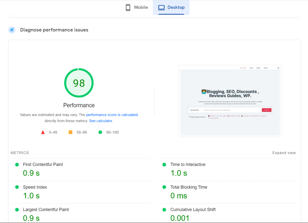 website page speed result green 1