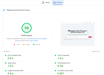 website page speed result green 1