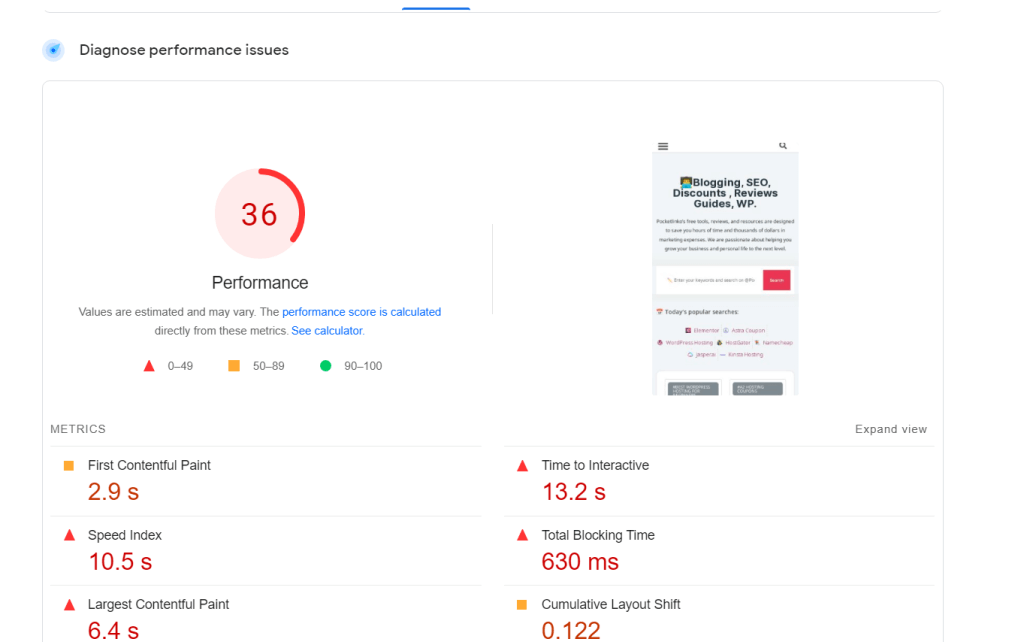 Pocketlinko before optimization test result 