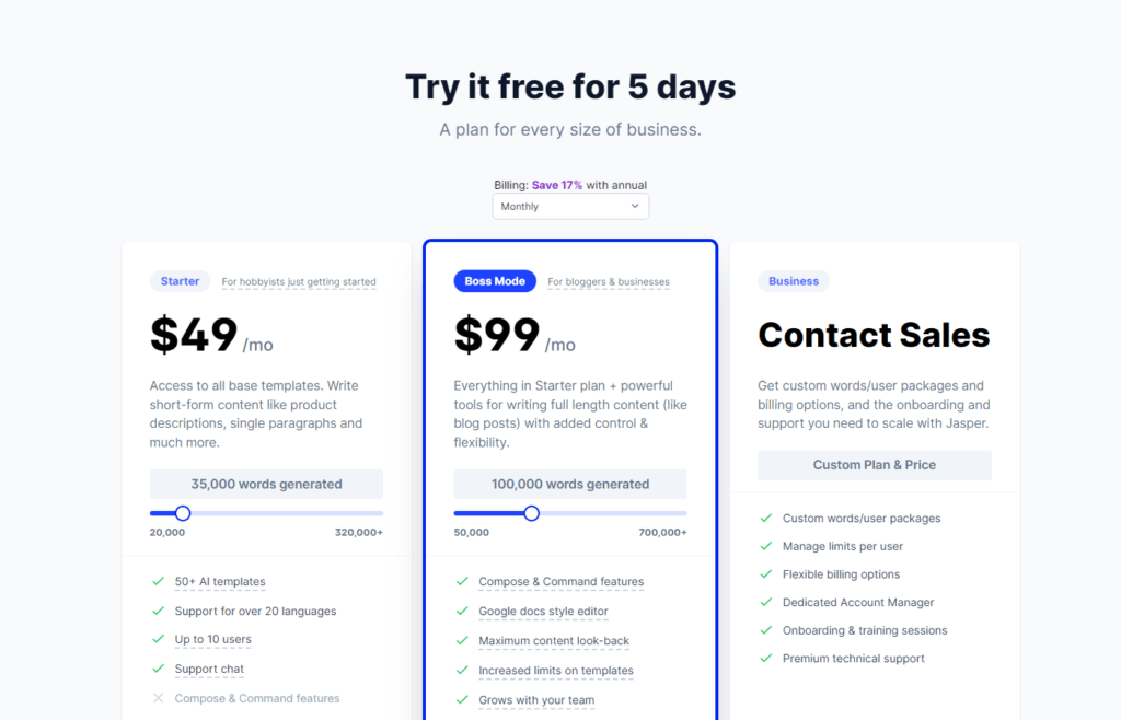Jasper ai Free Trial 2023: Free 10000 Words (Click to unlock 5-day free access) 6 Jasper ai pricing