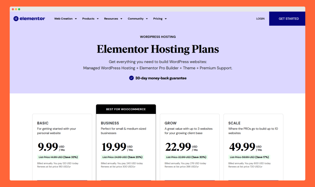 elementor wordpress hosting plans pricing
